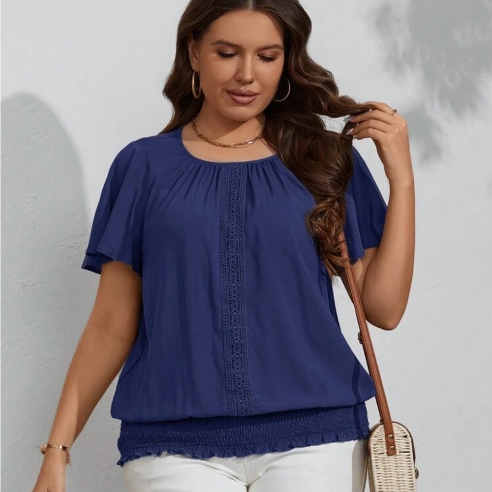 Lace Hem Decorated Short Sleeve Pullover Shirt with Elastic Waist